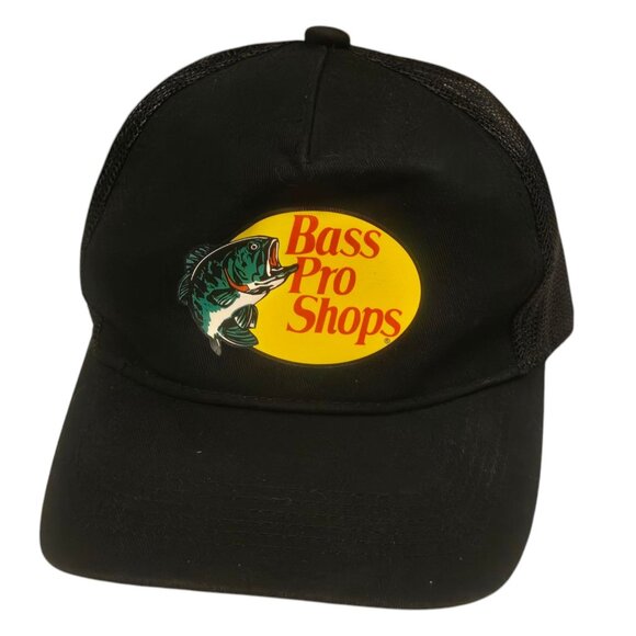 Bass Pro Shops Youth Black Mesh Trucker Hat Adjustable Snapback Fishing Logo - Picture 1 of 10